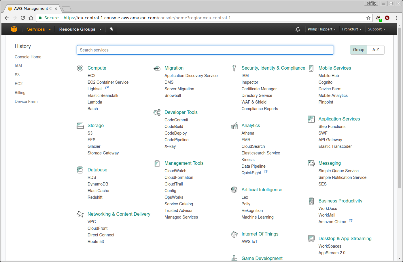 AWS Services Menu